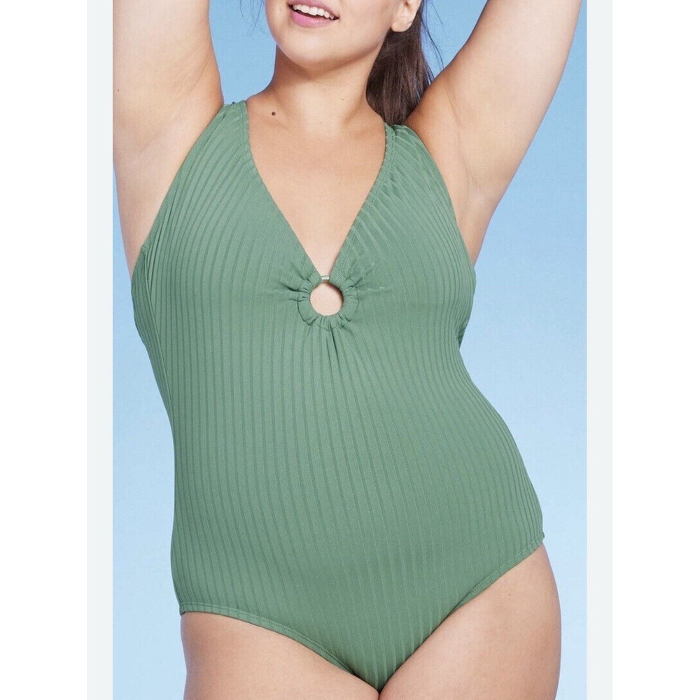 Wide Ribbed Center Ring One Piece Swimsuit‎ - Kona Sol Green X Large 16 New